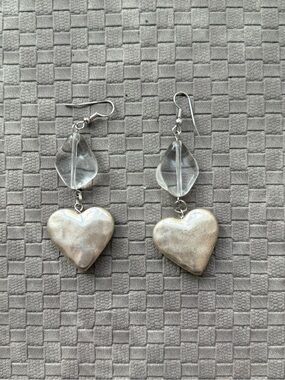 Silver puff Heart Drop Earrings with Clear crystal Accent